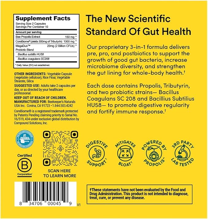 Beekeeper's Naturals Complete Gut Health, 3-in-1 Prebiotic, Postbiotic, Probiotics for Digestive Health & Bloating Relief for Women & Men, Propolis Powered, Gluten-Free Vegan Capsules, 20ct