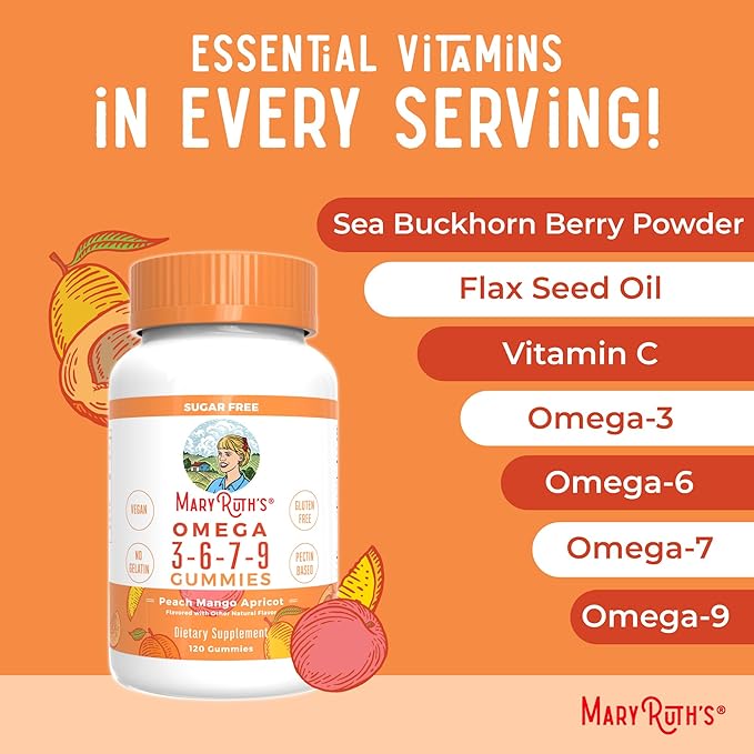 Vegan Omega 3 6 7 9 Gummies by MaryRuth's | Up to 4 Month Supply | Omega 3 Supplement with Flaxseed Oil | Omega 3 Gummies | No Fish Taste | Non-GMO | 120 Count