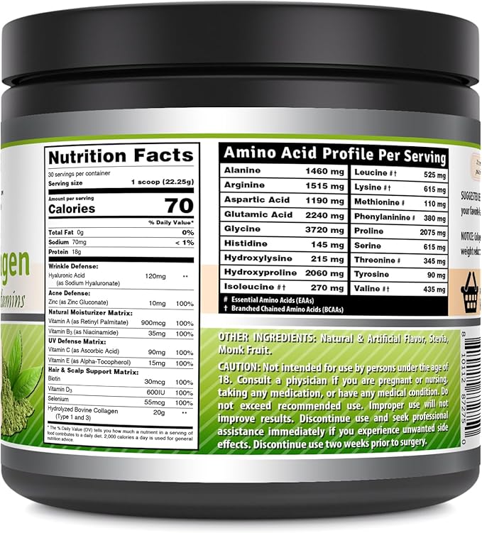 Amazing Formulas Hydrolyzed Collagen with Hyaluronic Acid & Multivitamins Supplement | 30 Servings Powder | 660 Grams | Japanese Matcha Flavor