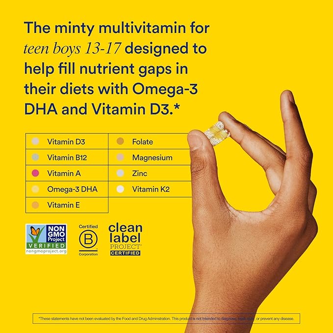 Ritual Teen Vitamins for Boys - Zinc, Vitamin A and D3 for Immune Function Support*, Omega-3 DHA & B12 for Brain Health, Non-GMO, Mint Essenced, 30 Day Supply, 60 Vegan Capsules