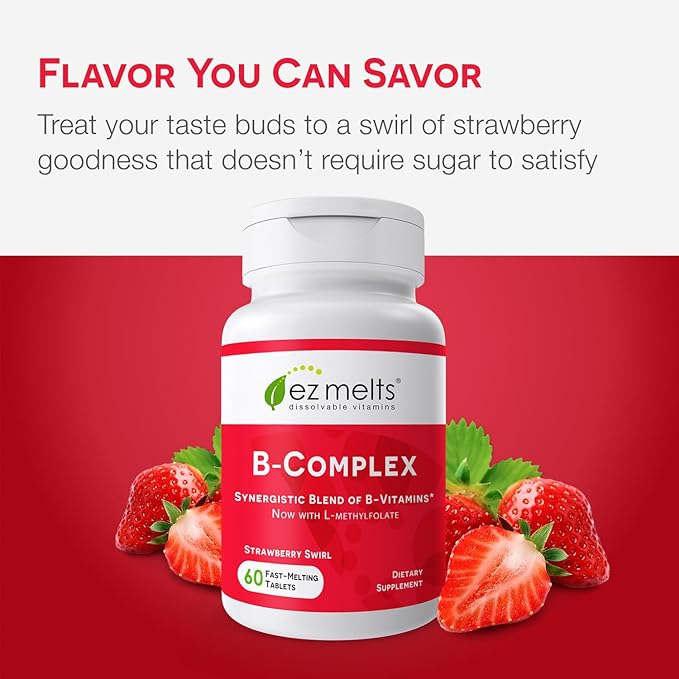 EZ Melts Dissolvable Vitamin B-Complex Tablet with Methyl B12 & Methyl Folate, Sugar-Free, 2-Month Supply