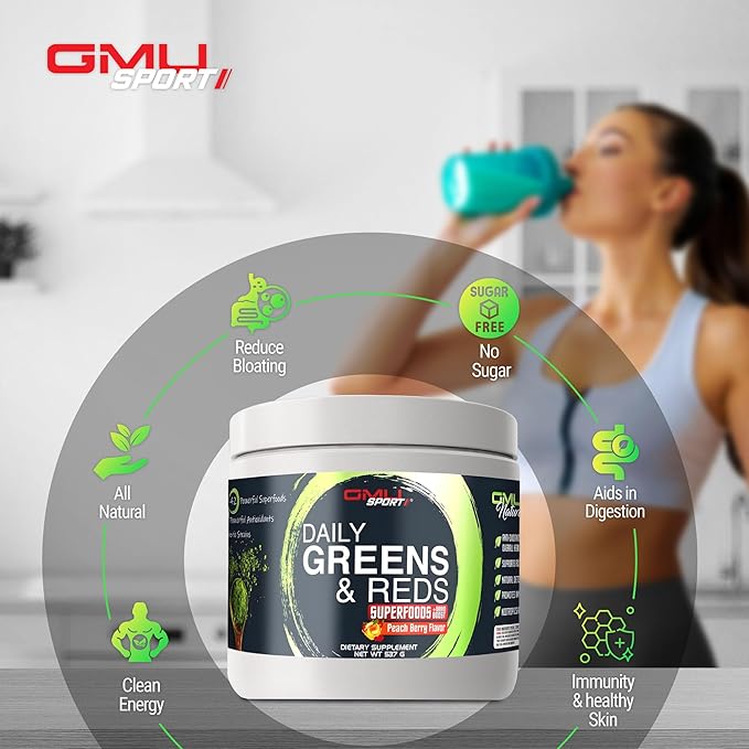 GMU SPORT Greens and Reds Superfood Powder - Reds and Greens Powder Supplement with 42 Superfoods, Antioxidants, Adaptogen and Probiotics for Digestive Health and Mental Focus - Peach Berry