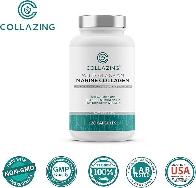 Alaskan Wild-Caught Marine Collagen Peptides with Hyaluronic Acid & Vitamin C - Supports Skin, Hair, Nails, Joints & Bones - Type 1 & 3 Collagen for Women & Men - 120 Powder Capsules