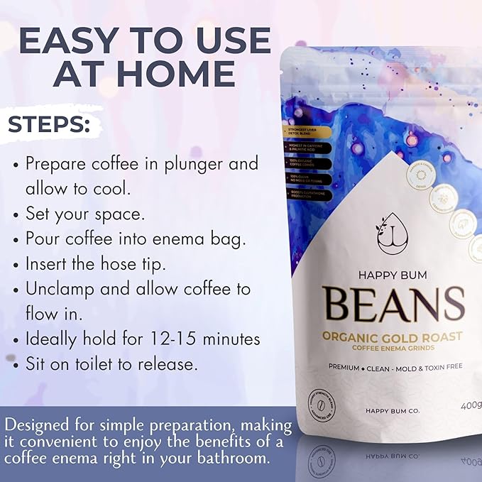 Happy Bum Co Organic Gold Roast Enema Coffee Grinds (400g) Mold-Free, Fair-Trade, High-Potency Blend for Colon Detox & Liver Support – Palmitic Acid & High Caffeine Coffee for Coffee Enema