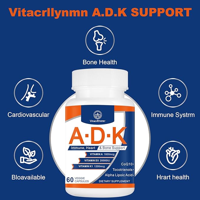ADK Vitamin Supplement 20000 IU - High Potency Vitamins A, D3 and K1 for Heart, Bone Health and Immune Support Vitamin ADK 180 Capsules