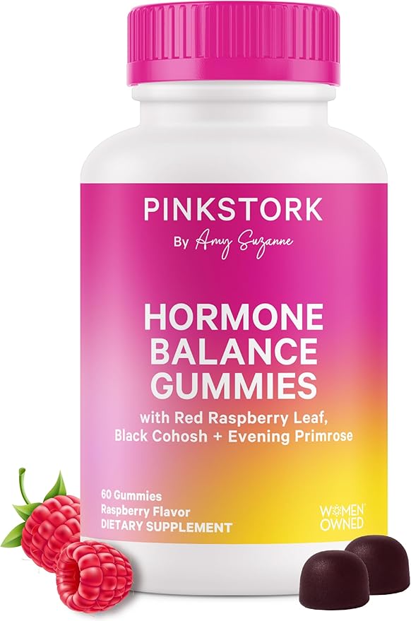 Pink Stork Hormone Balance Gummies for Women - Hormone Harmony for Mood, Energy, Bloating - Hormonal PMS, Perimenopause & Menopause Support - Red Raspberry Leaf & Black Cohosh - 60 Gummy Supplements