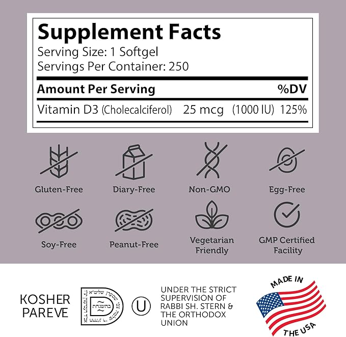 Zahler - Advanced Vitamin D3 1000 IU Softgels (250 Count) Kosher Vegetarian Friendly Vitamin D for Immune Support, Bone, Teeth & Muscle Health - Daily D3 Vitamin Supplement for Adults - Easy Swallow V