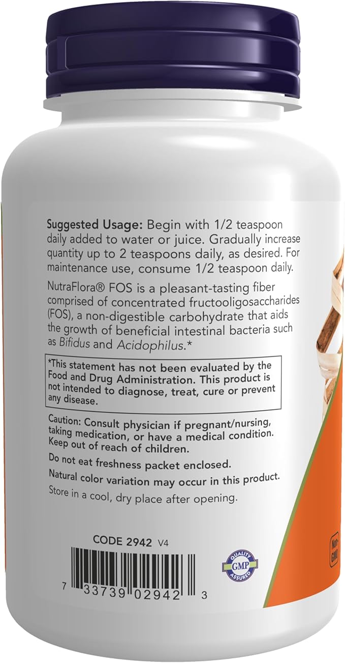 NOW Foods Supplements, NutraFlora FOS (Fructooligosaccharides) Pure Powder, Prebiotic Fiber, 4-Ounce