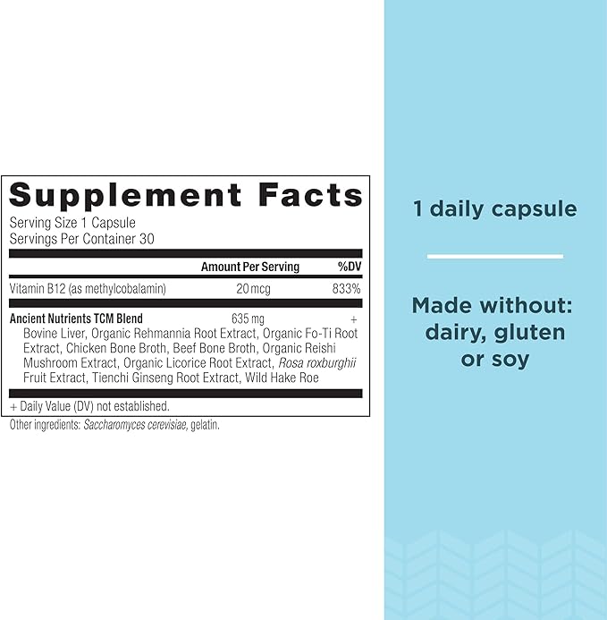 Vitamin B12 Supplement by Ancient Nutrition, Supports Energy Metabolism and Nervous System Health, Adaptogenic Herbs, Enzyme Activated, Paleo & Keto Friendly, 30 Capsules