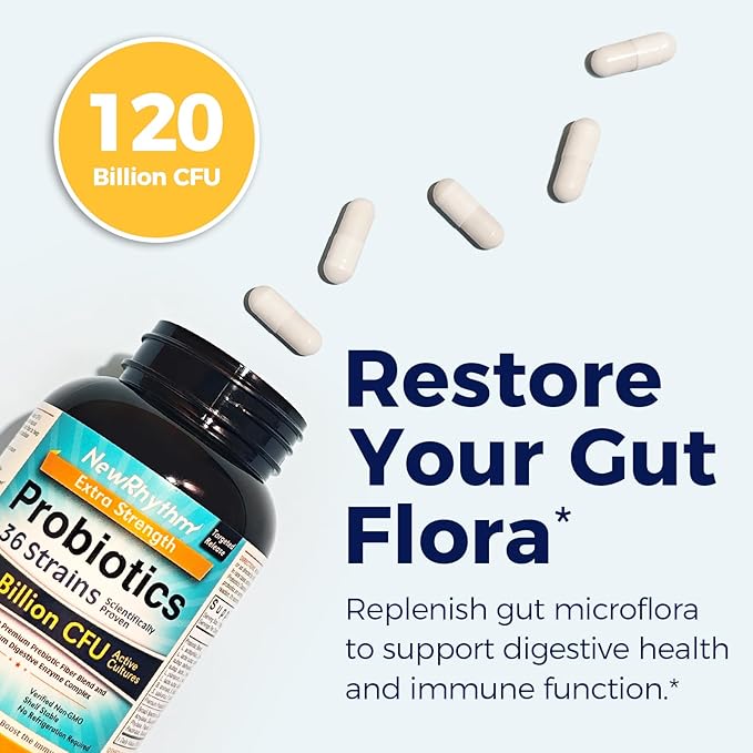 NewRhythm Probiotics 120 Billion CFU 36 Strains, 3-in-1 Probiotics for Digestive Health & Immune Support with Prebiotics & Enzymes, Probioticos for Women & Men, Vegan Targeted Release Supplement, 30ct