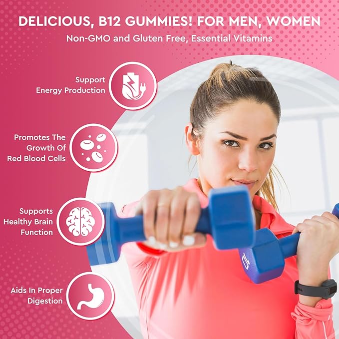 Vitamin B12 Complex Gummies - 5000 mcg Methylcobalamin with Iron, Vitamin C, D3 & Folate, Energy Support & Metabolism, Immune, B-12 Chewable Supplement for Men & Women, Strawberry Flavor, 2 Pack