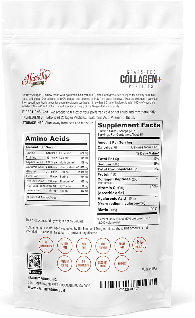 Collagen+ Powder - 18g Protein - Hydrolyzed Collagen + Biotin + Hyaluronic Acid & Vitamin C | Gluten Free No Sugar Non GMO 16 Oz