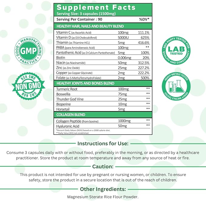 XpandAge's Bovine Collagen Peptides contain Biotin, Niacin, Vitamin C, Vitamin D, Thiamin, Paba, Hyaluronic acid, Turmeric, Bioperine, and more for healthy Hair, Nails, Beauty, Joint, and Bone health.