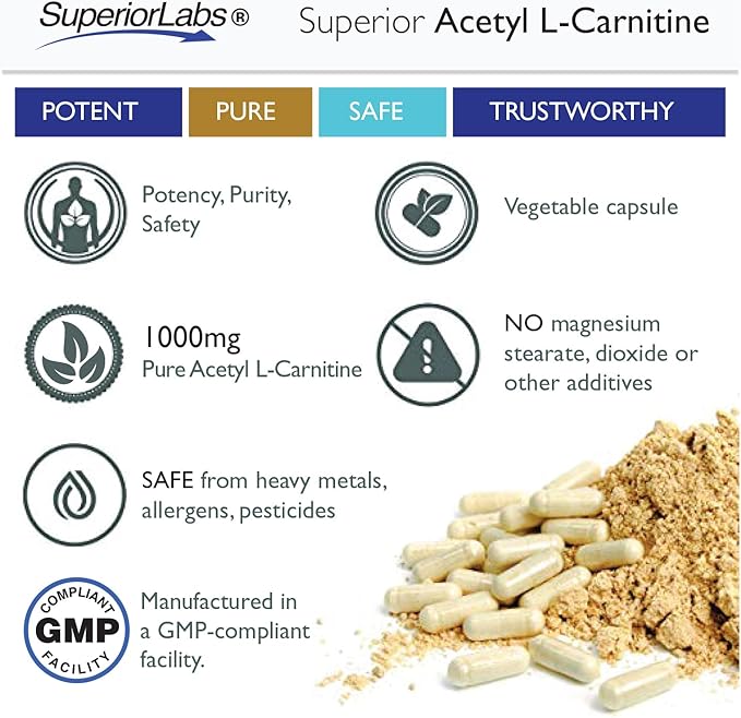 Superior Labs | Acetyl L-Carnitine 1000mg | 200 caps | Maximum Absorption | Pure Vegetable Capsules | Zero Synthetic Additives | Superior Absorption