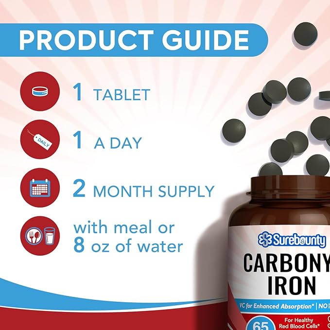 Iron Supplement 65mg with Natural Vitamin C, Gentle on The Stomach, High Absorption, for Red Blood Cell Function, Energy Support, and Muscle Health, Once Daily, Vegan, 60 Tabs