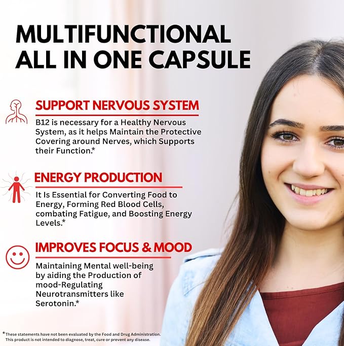 B12 with Hyaluronic Acid, Collagen and Folate – 25000 mcg B12 Methylcobalamin Supplement | Maximize Absorption & Energy | Gluten Free USA Made, B1, B2, B3, B6, B7 Complex - 60 Capsules