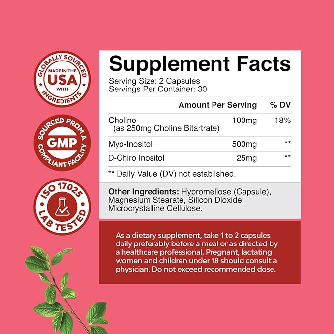 Myo-Inositol & D-Chiro Inositol Capsules - Choline Inositol Supplement for Cycle and Fertility Support - Womens Hormone Balance Supplement with Myo & D-Chiro Inositol Plus Choline Bitartrate
