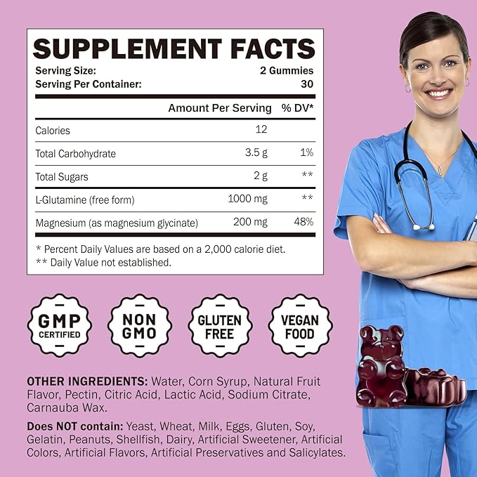 L Glutamine 1000mg Gummies - Muscle Relief & Immune Support, Amino Acid Supplement with Magnesium Glycinate, Vegan & Non-GMO, Gluten Free (60 Count)