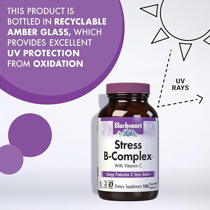Bluebonnet Nutrition Stress Relief B Complex Vegetable Capsules, Vitamin B6, B12, Biotin, Folate, Vegan, Gluten & Soy & Milk Free, Kosher, Unflavored, 100 Count