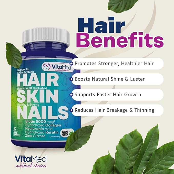 Hair Skin and Nails Vitamins - Collagen Pills for Hair Growth, Biotin 5000mcg to Strengthen Nails and Glowing Skin, Hyaluronic Acid, Vitamin C, E, B6, Keratin Hair Treatment (60)