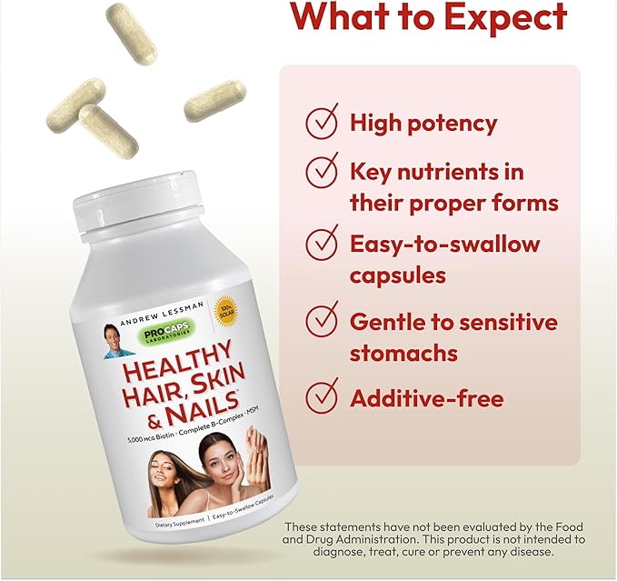 ANDREW LESSMAN Healthy Hair, Skin & Nails 240 Capsules – 5000 mcg High Bioactivity Biotin, B-Complex - Promotes Beautiful Hair, Skin, Strong Nails - No Additives Hair Growth Vitamins Biotin Supplement