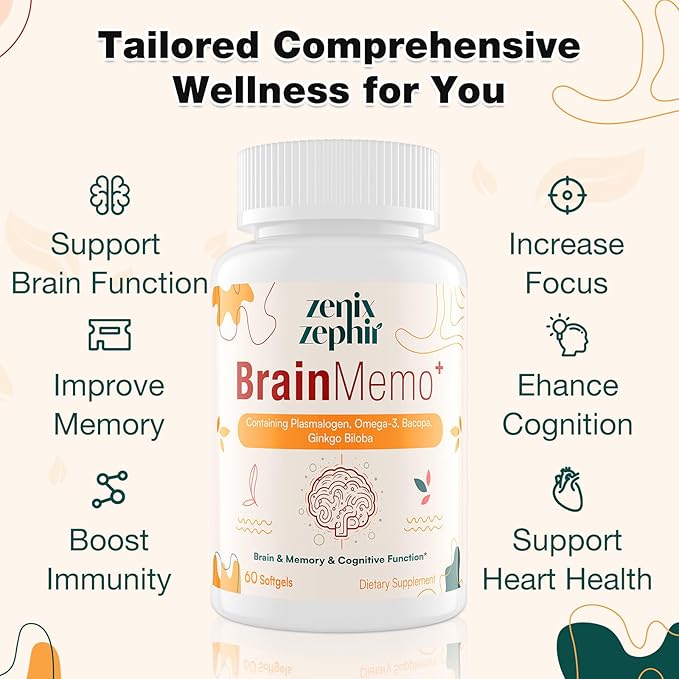 Memory Focus Supplement - Brain Support with Omega-3, Bacopa and Plasmalogens for Enhanced Cognitive Function - Concentration and Memory - Non-GMO, 60 Softgels