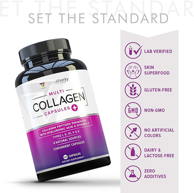 Vitauthority Multi Collagen Pills for Women and Men High Absorption Hydrolyzed Collagen Peptides Capsules for Hair Skin and Nails with Types I II III V X Hyaluronic Acid and Vitamin C - 60 Servings