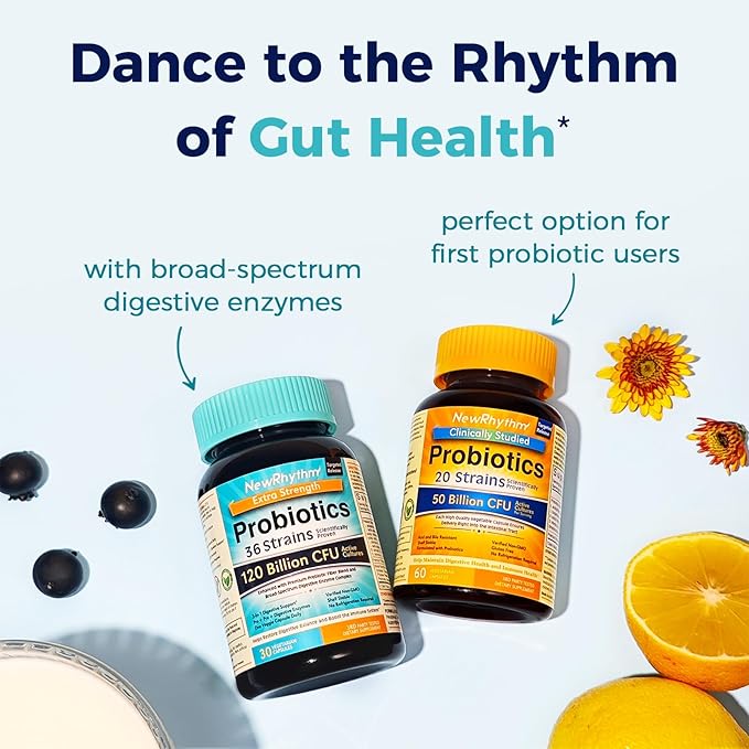 NewRhythm Probiotics 120 Billion CFU 36 Strains, 3-in-1 Probiotics for Digestive Health & Immune Support with Prebiotics & Enzymes, Probioticos for Women & Men, Vegan Targeted Release Supplement, 30ct