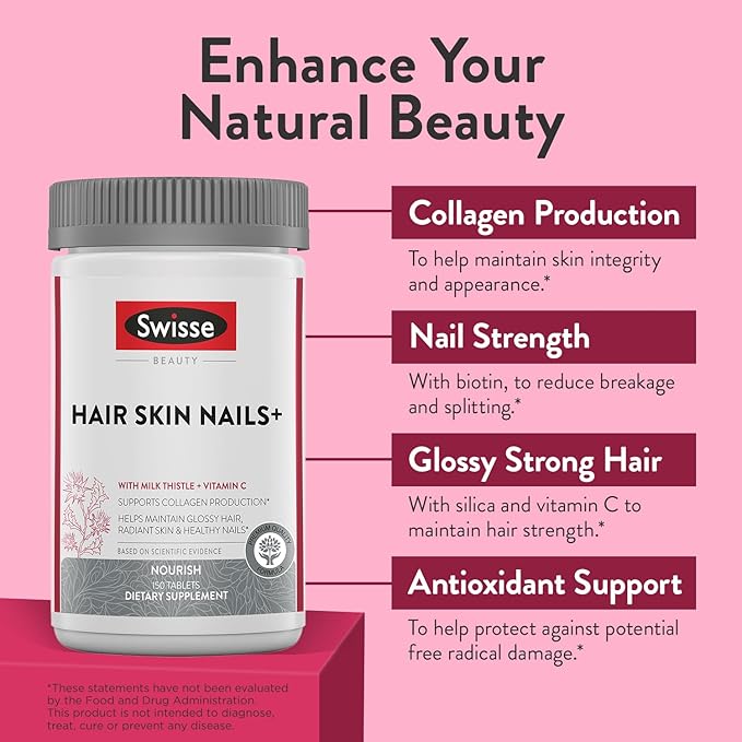 Swisse Biotin Hair Skin and Nails Collagen Supplement for Women & Men | Milk Thistle, Biotin, Vitamin C, Zinc & Iron | Supports Hair Growth & Collagen Production | Collagen Supplement | 150 Tablets
