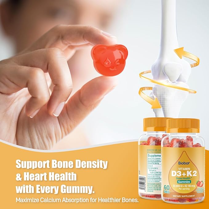 Natural Vitamin D3 K2 Gummies, 2000 IU Vitamin D3 & 100 mcg Vitamin K2,Supports Healthy Bone, Immune Health Supplement, GMO Free, Gluten Free (Strawberry Flavor, 60 Count)