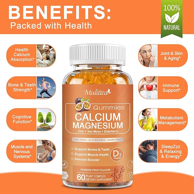 1200mg Calcium Gummies with D3,K2,Zinc - Plant Complex Calcium Magnesium Supplement with Glycinate,Potassium,Vitamin C &Whole Natural Food for Bone & Immune Support- 60 Chewable Gummy Sugar-Free