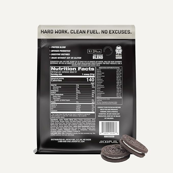 Jocko Mölk Whey Protein Powder - Keto, Probiotics, Grass Fed, Digestive Enzymes, Amino Acids, Sugar Free Monk Fruit Blend - Supports Muscle Recovery & Growth (2 LB, Cookies & Cream)