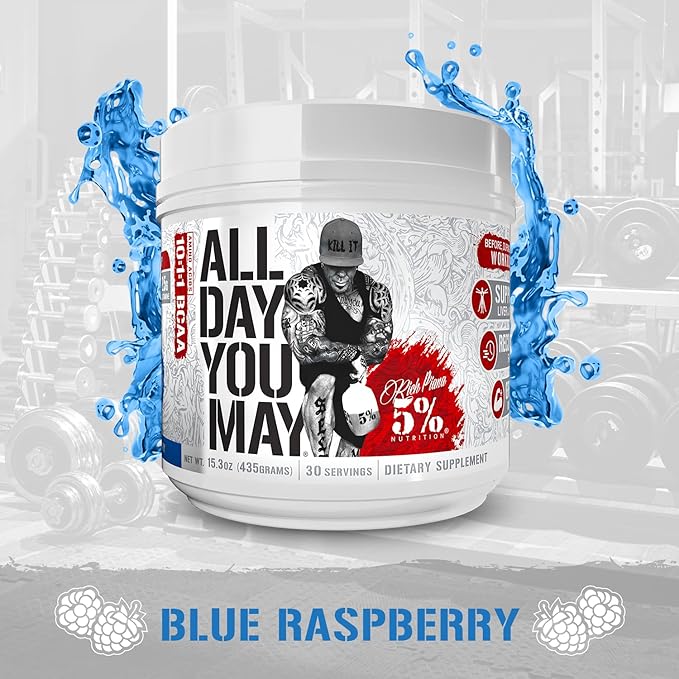 5% Nutrition Rich Piana AllDayYouMay BCAA Powder | Premium Intra & Post Workout Amino Acids, Hydration, Endurance, Muscle Recovery, Joint & Liver Support | 16.4 oz, 30 Servings (Blue Raspberry)