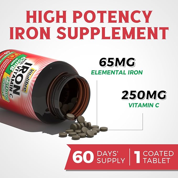 Iron Supplement, 65mg Carbonyl Iron with 250mg Vitamin C, Stomach Friendly Iron Pills for Blood Building Women & Men, High Absorption, No Nausea, No Constipation, Non-GMO, No Gluten, 60 Vegan Tabs