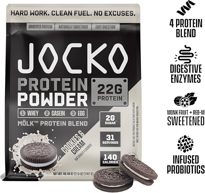 Jocko Mölk Whey Protein Powder - Keto, Probiotics, Grass Fed, Digestive Enzymes, Amino Acids, Sugar Free Monk Fruit Blend - Supports Muscle Recovery & Growth (2 LB, Cookies & Cream)