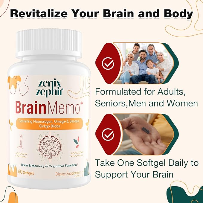 Memory Focus Supplement - Brain Support with Omega-3, Bacopa and Plasmalogens for Enhanced Cognitive Function - Concentration and Memory - Non-GMO, 60 Softgels