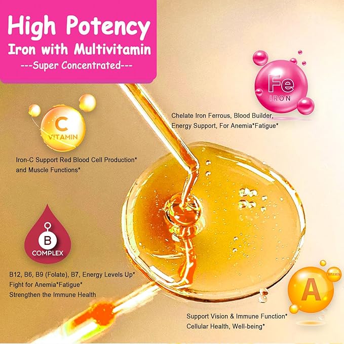 Iron Supplement for Women Men & Kids, Iron Vitamin C, A, B-Complex, Vegan Iron Drops High Potency Liquid Vitamin & Iron Supplements for Anemia, Red Blood Cell, Energy, Blood Builder, Gentle Iron