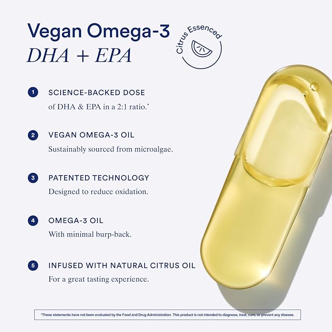 Ritual Omega 3 - Vegan - Science-Backed Dose of DHA & EPA Fatty Acids in 2:1 Ratio, Bioavailable, Brain and Heart Health Support, Minimal Burp-Back, Sustainably Sourced Microalgae, 30 Day Supply