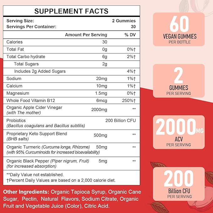 Apple Cider Vinegar Gummies, Max Strength 2000mg ACV Gummies with Probiotics, B12 and Keto Support, For Digestion, Metabolism, Detox, Gut & Immune Health, Gelatin-Free, Vegan & Non-GMO, 120 Gummies