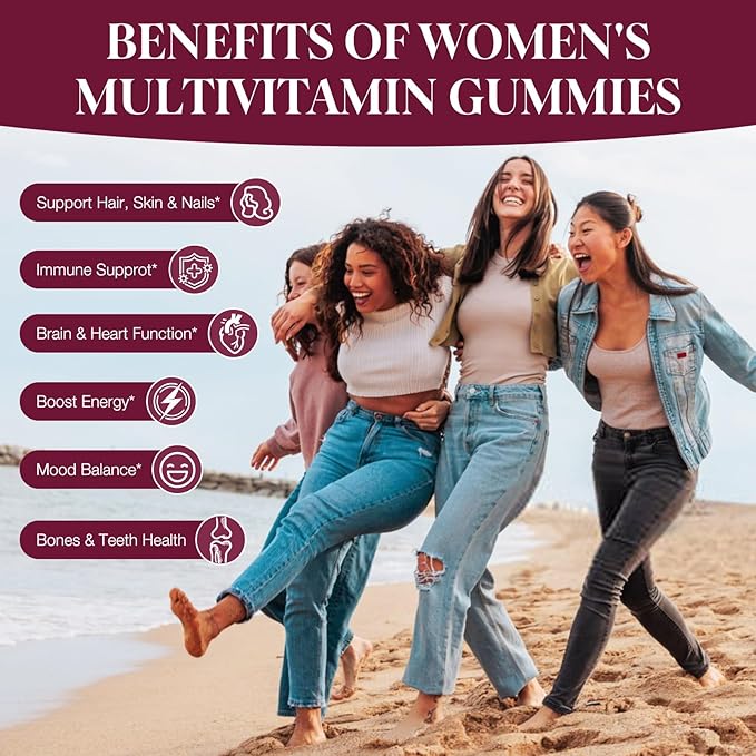 Womens Multivitamin Gummies with Prebiotics, Omega-3, Inositol, FOS, Vitamins A, C, D3, E, B12 – Sugar-Free Daily Support Heart, Brain Health, Gut, Digestion, Energy, Immune, Berry Flavor