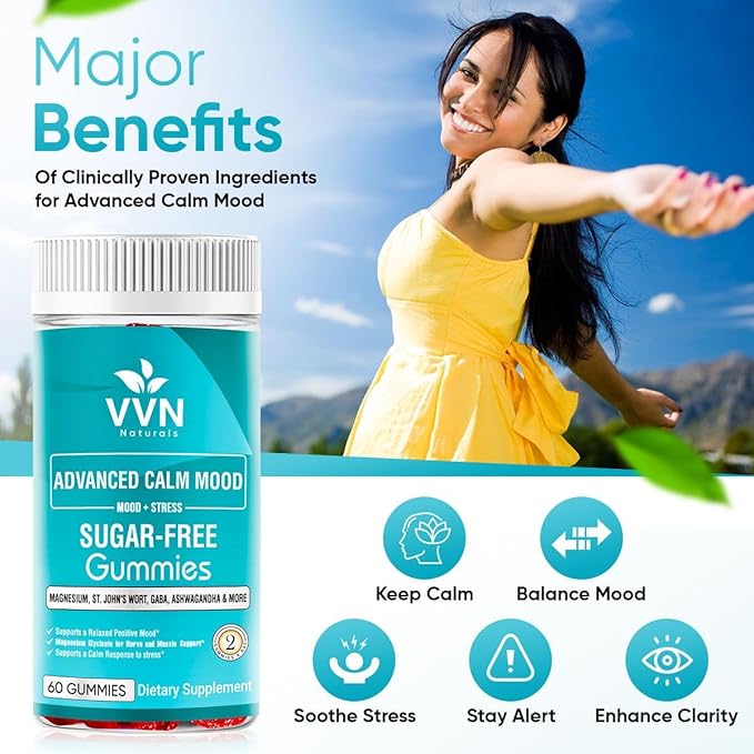 Sugar Free 22 in 1 Calm Mood Gummies St. John's Wort, 5-HTP, GABA, Ashwagandha| Magnesium Glycinate Gummies | Non-GMO, Natural Support Stress & Relaxation, Mood & Energy | Vegan, 60 ct.