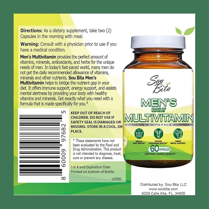 Vitamins for Men–Daily Multivitamins for Men Support for Energy, Immunity, Focus, and Performance. Mens Vitamins A, B12, C, D, E, Zinc, Calcium & Magnesium. Men's multivitamin Vegetable Capsules.