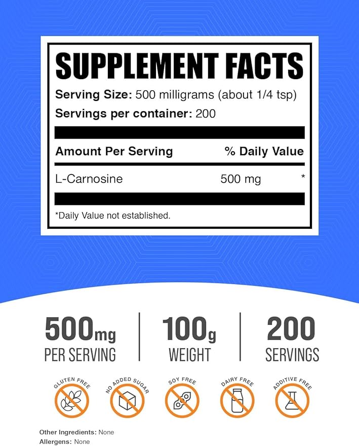 BulkSupplements.com L-Carnosine Powder - Carnosine Supplement, Carnosine 500mg - Amino Acid Supplement, Gluten Free, 500mg per Serving, 100g (3.5 oz) (Pack of 1)