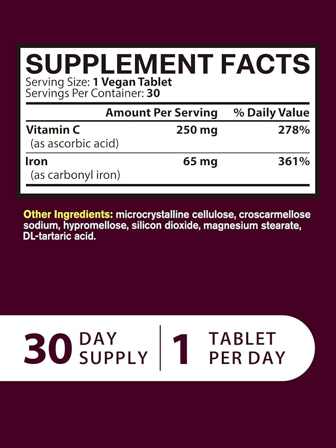 Iron Supplement for Women Men | High Potency Iron 65mg with Vitamin C 250mg | Stomach Friendly Iron Pills for Red Blood Cell & Immune Support | Vegan, Non-GMO & Gluten Free | 30 Tabs