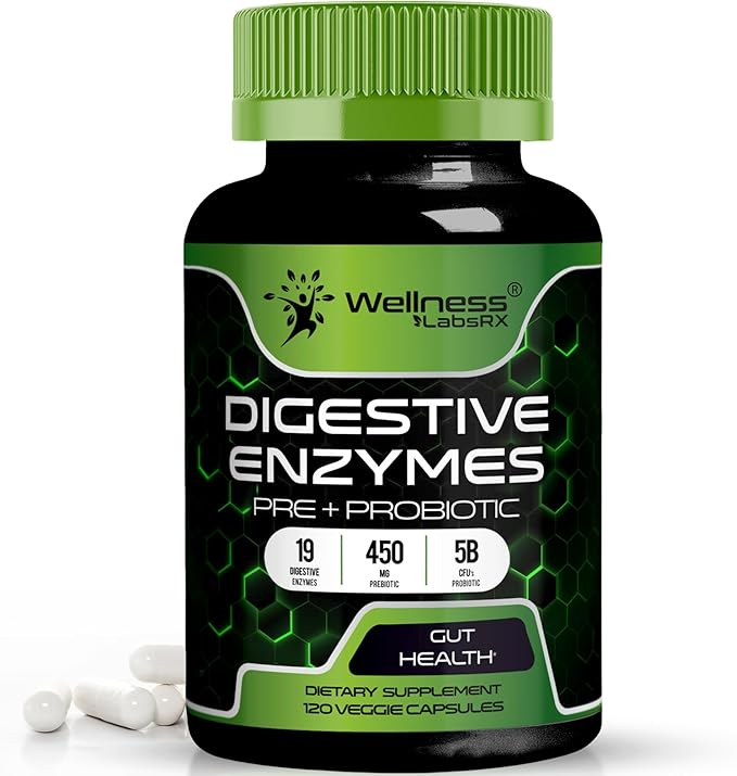 Digestive Enzymes with Probiotics and Prebiotics - 450mg - 5 Billion CFUs - Pure Super Enzymes for Digestion Capsules - Digestive Enzymes for Women & Men Support Digestive & Gut Health - 120 Count