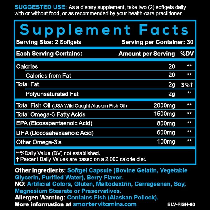 (3 Pack) Smarter Omega 3 Fish Oil, Berry Flavor, Burpless, Tasteless, 2000mg, DHA EPA Triple Strength Brain, Joint and Heart Support, Made with AlaskOmega®
