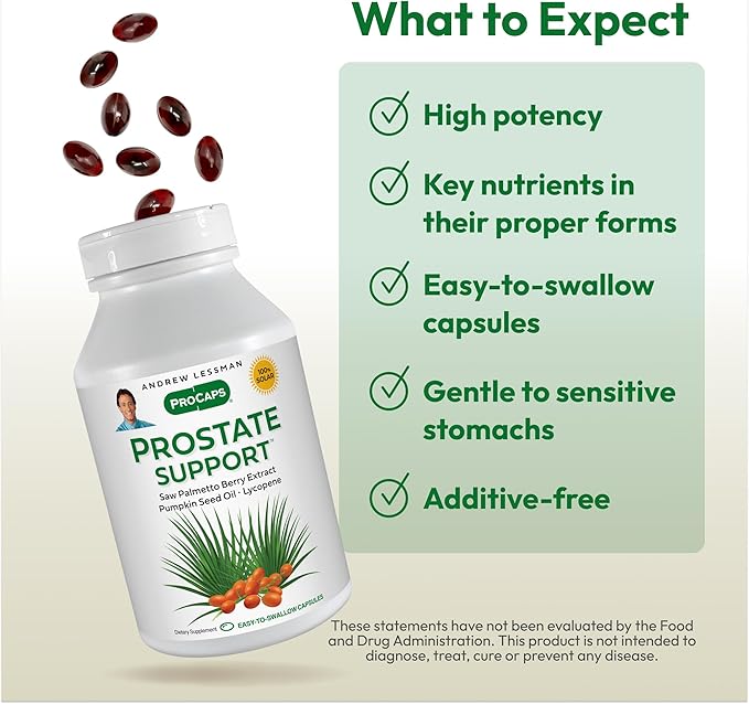 ANDREW LESSMAN Prostate Support Supplement for Men's Health, 30 Softgels, No Additives - Saw Palmetto for Men, Pumpkin Seed Oil, Lycopene & Omega-3 for Prostate Health, Urinary & Bladder Function
