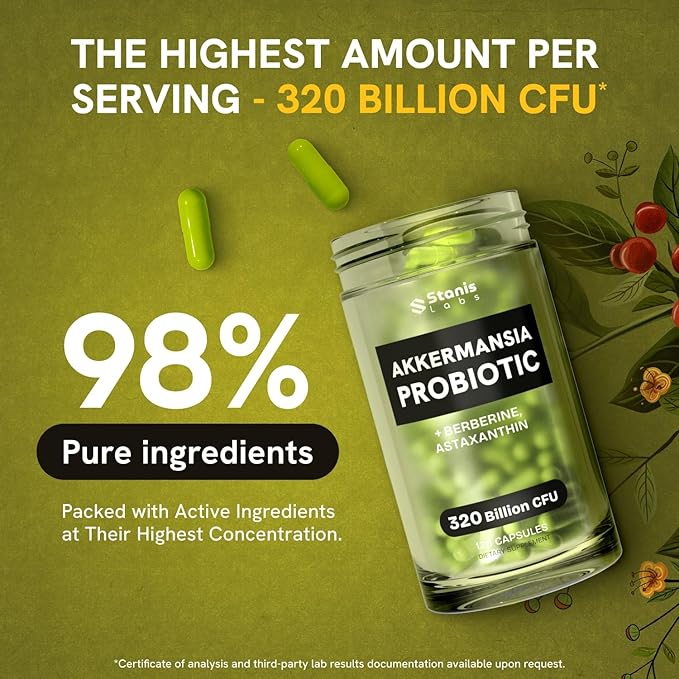 Akkermansia Probiotic 320 Billion CFU| GLP-1 Probiotic and Prebiotic | Akkermansia Muciniphila Probiotics For Women Digestive Health | Inulin Prebiotic Fiber Capsules Astaxanthin & Berberine 480 count