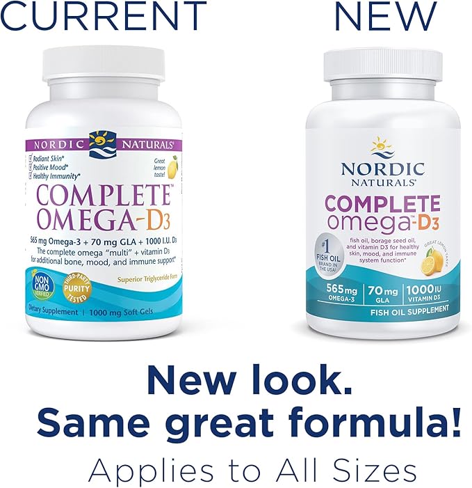 Nordic Naturals Complete Omega-D3, Lemon Flavor - 120 Soft Gels - 565 mg Omega-3 + 70 mg GLA + 1000 IU Vitamin D3 - EPA & DHA - Healthy Skin & Joints, Cognition, Positive Mood - Non-GMO - 60 Servings