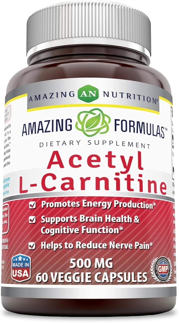 Amazing Formulas Acetyl L-Carnitine Hcl Veggie Dietary Supplement - 500 Mg, Veggie Capsules (Non GMO,Gluten Free) Per Bottle - Promotes Energy Production & Cognitive Function (60 Count)
